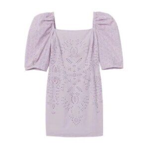H&M Lilac embroidered puff sleeve cotton mini dress | Small
